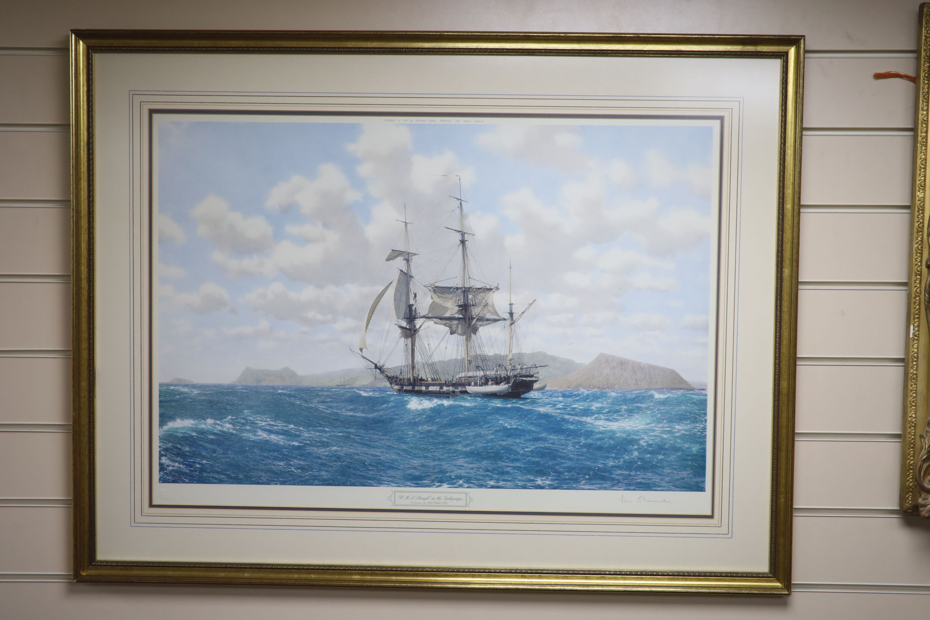 John Chancellor, signed colour print, HMS Beagle in the Galapagos, 52 x 74cm